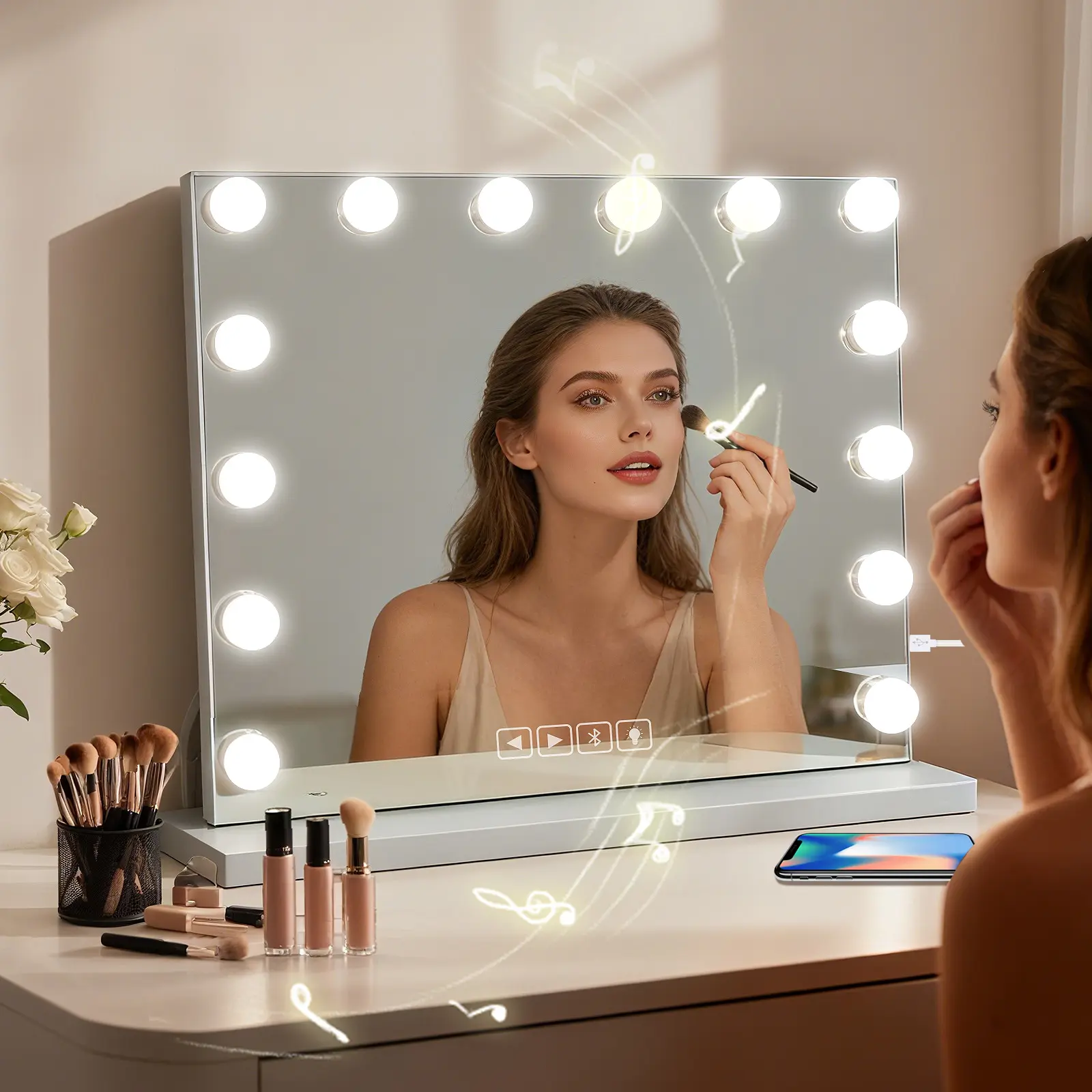 LED Dimmable Hollywood Vanity Tabletop Mirror with Lights, Bluetooth Speaker, 15 LED Bulbs, 3 Color Lighting Modes, Touchscreen Touch Control, USB Charging Port, 22.83×18.11in (58×46cm) for Bedroom, Dressing Room, Led Dimmable Mirror