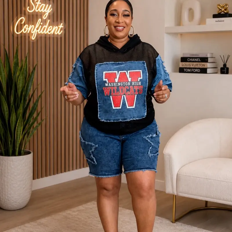 Women’s Plus Size 2-Piece Set - Distressed Denim, Patchwork Mesh Hoodie & Shorts
