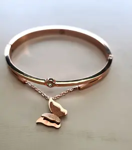 Lady Butterfly Band Rose Gold 14K G Plated over Stainless Steel Zircon Crystals Bracelet with Heart Charm