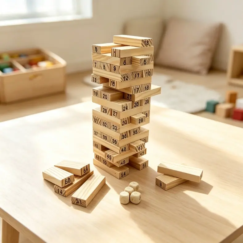 54Pcs Natural Wooden Number Tumbling Tower Game, Stacking Balance Building Blocks, Multi Sizes Available STEM Educational Wooden Toy, Indoor Family Party Interactive Board Game, Birthday Gift for Kids Adults 3+