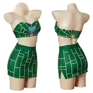 In Stock JOJO Jolyne Cujoh Cosplay Girl Green Sexy Tube Bra Suit Top Skirt Full Set Women Uniform Halloween Outfit
