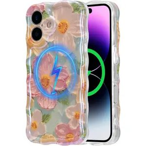 Case for iPhone 16, [Compatible with MagSafe] Colorful Oil Painting Flower Glossy Cute Curly Wave Edge Exquisite Phone Cover Stylish Durable TPU Protective Case for Women - Green