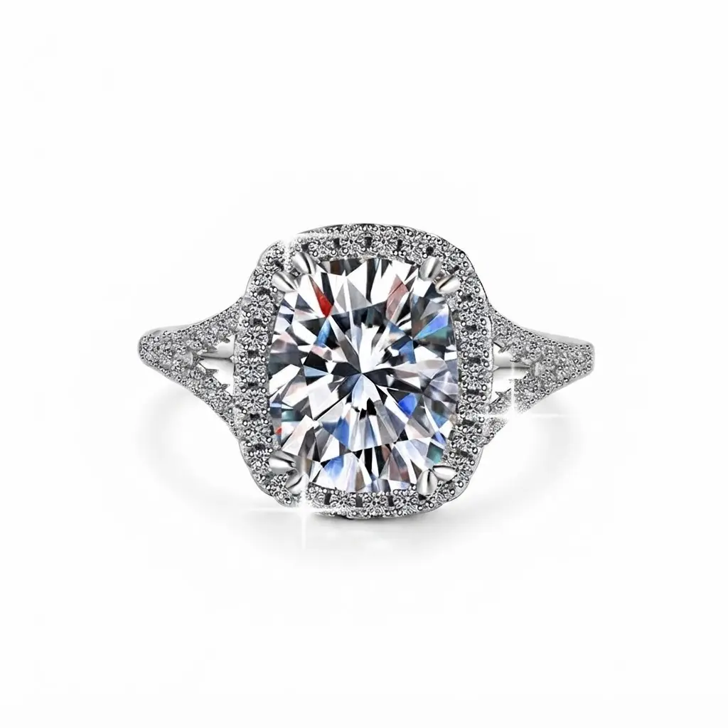 (Cushion Cut 4CT）925 Sterling Silver Synthetic Moissanite Ring, Band Ring,round hidden halo ring, 6 prong round solitaire, 4 prong solitaire ring, round cut pave band, 3 stone round engagement ring, round bezel set ring,