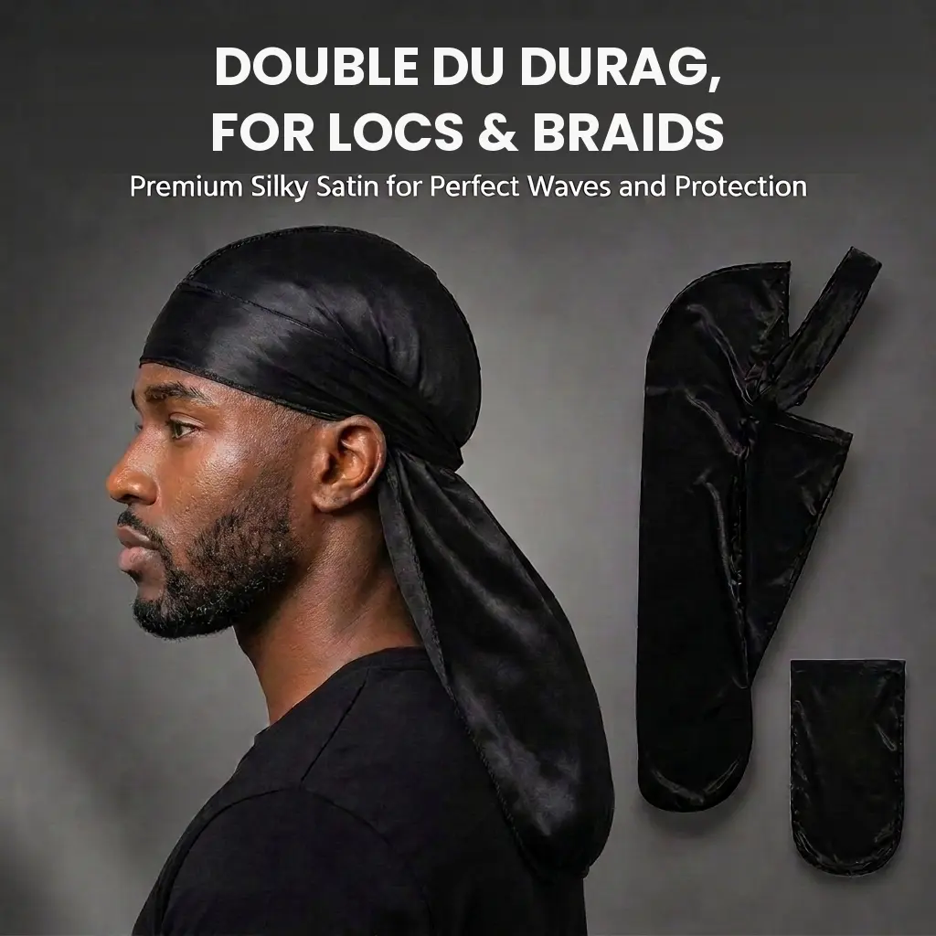 Double Satin Durag, Navy Blue Scarf Head Wrap for Men with Extra Long Tail & Quadruple Stitch Seams for a Secure Fit, Men's Accessories, Extra Tail, Fashion Accessories, Stylish Satin Scarf, Silk Fabric, Stitched Edges, Protective Headscarf Hats, Hair Ker