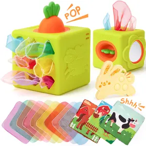 hahaland Baby Tissue Box Toy with Bunny Teether Carrot / Silicone Sorting & Stacking Toys,Silicone Baby Toys 6-12 Months Montessori Learning Educational Toy Infant Toy 6-in-1 Soft Busy Activity Cube with Scarves, Crinkle, Textures, Mirror Gift for Babies