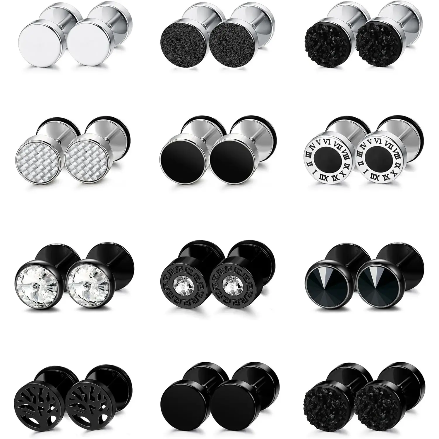 FUNRUN 12 Pairs Fake Gauge Earrings Set for Men Women | Stainless Steel Stud Faux Gauges | CZ Black Silver Plug Earrings Punk Jewelry