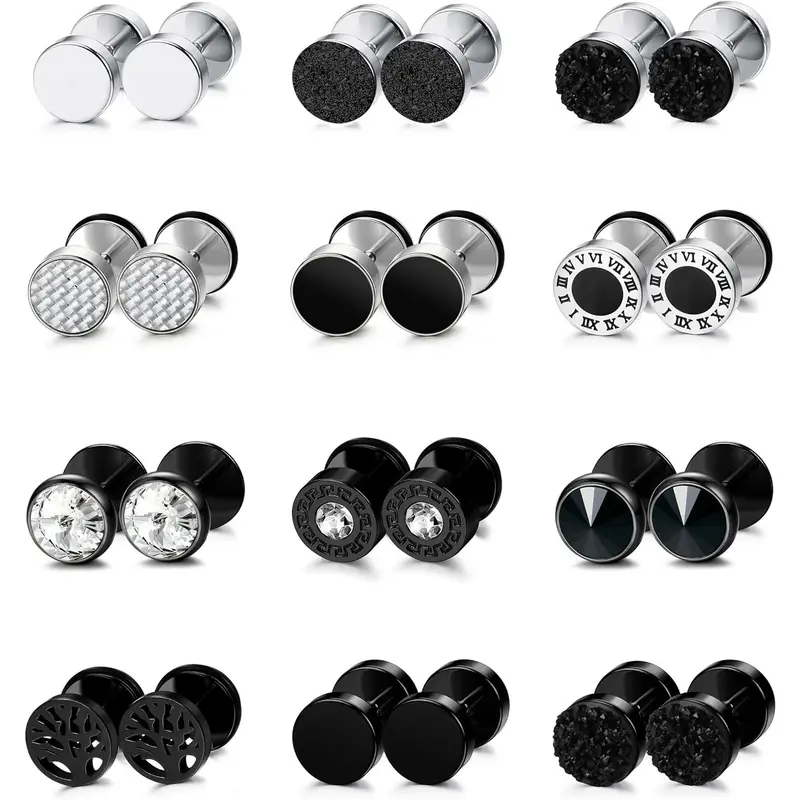 FUNRUN 12&16 Pairs Fake Gauge Earrings Set for Men Women | Stainless Steel Stud Faux Gauges | CZ Black Silver Plug Earrings Punk Jewelry