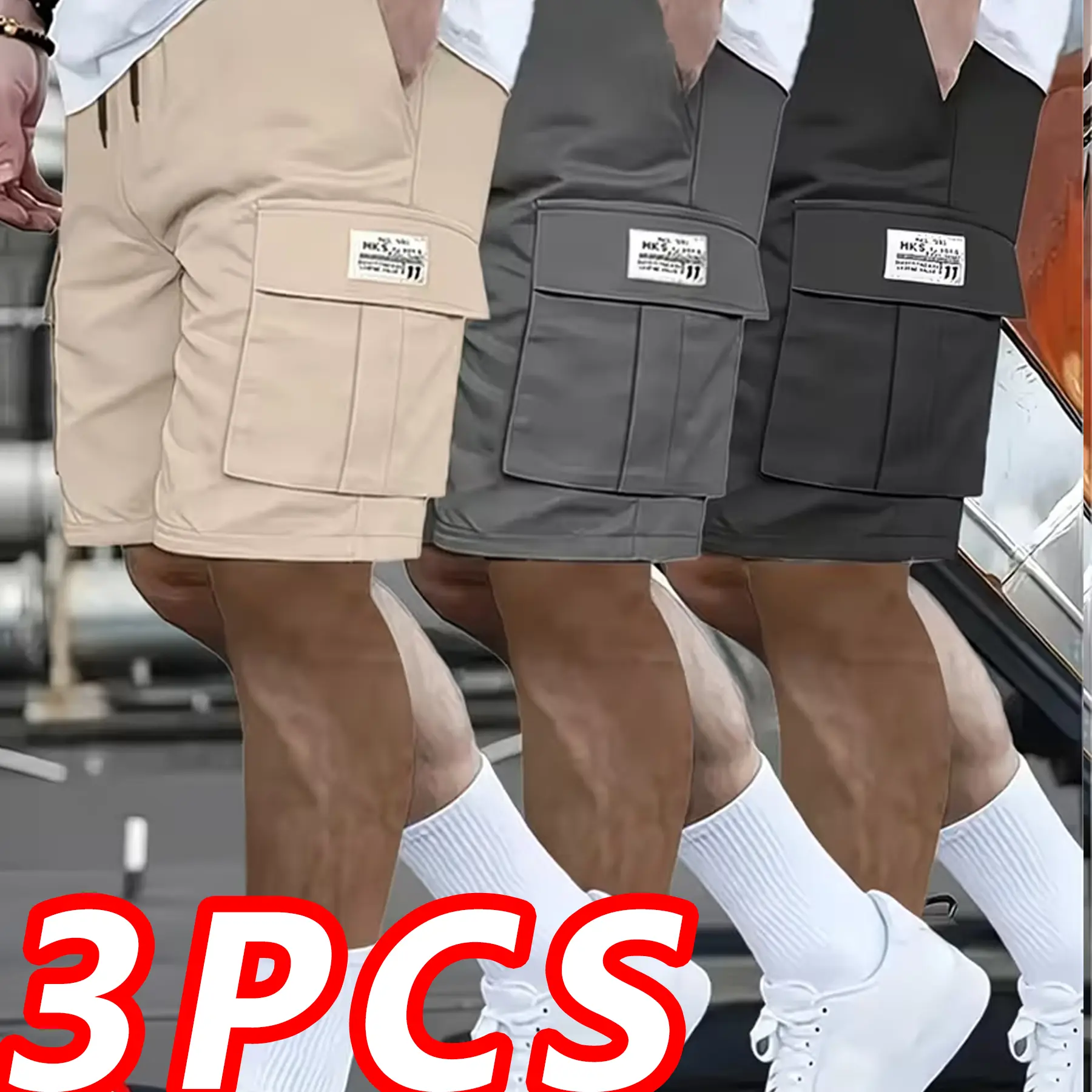 3-piece men's workwear shorts with multiple pockets and large capacity suitable for work, outdoor leisure Beige