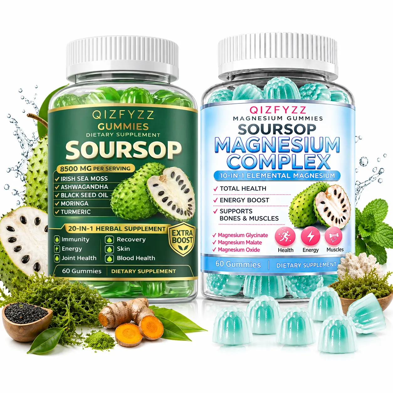 'summervibes Soursop Magnesium Gummies + Herbal Super Complex Set | 10-in-1 Magnesium Blend + 20-in-1 Herbal Formula | Ashwagandha, Irish Sea Moss, Black Seed Oil, Moringa, Turmeric | Energy, Sleep & Immune Support | Vegan & Non-GMO,summerwins