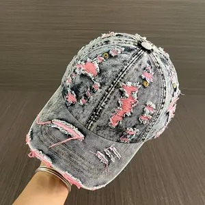 Vintage Distressed Cotton Baseball Cap with Pink Embroidery, Adjustable Snapback Sun Hat, All-Season Casual Headwear for Teen Hip-Hop Lovers