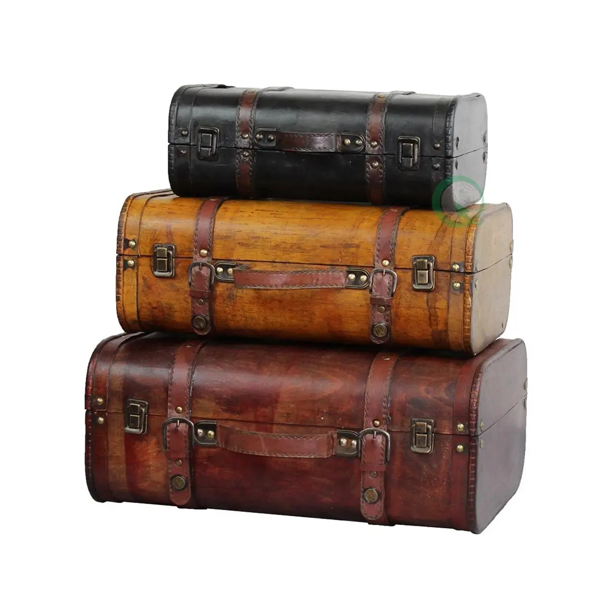 Vintiquewise 3-Piece Vintage Brown Leather Antique Luggage Suitcase & Trunk Set - Ideal for Room Decor, Storage Boxes, Three Pieces