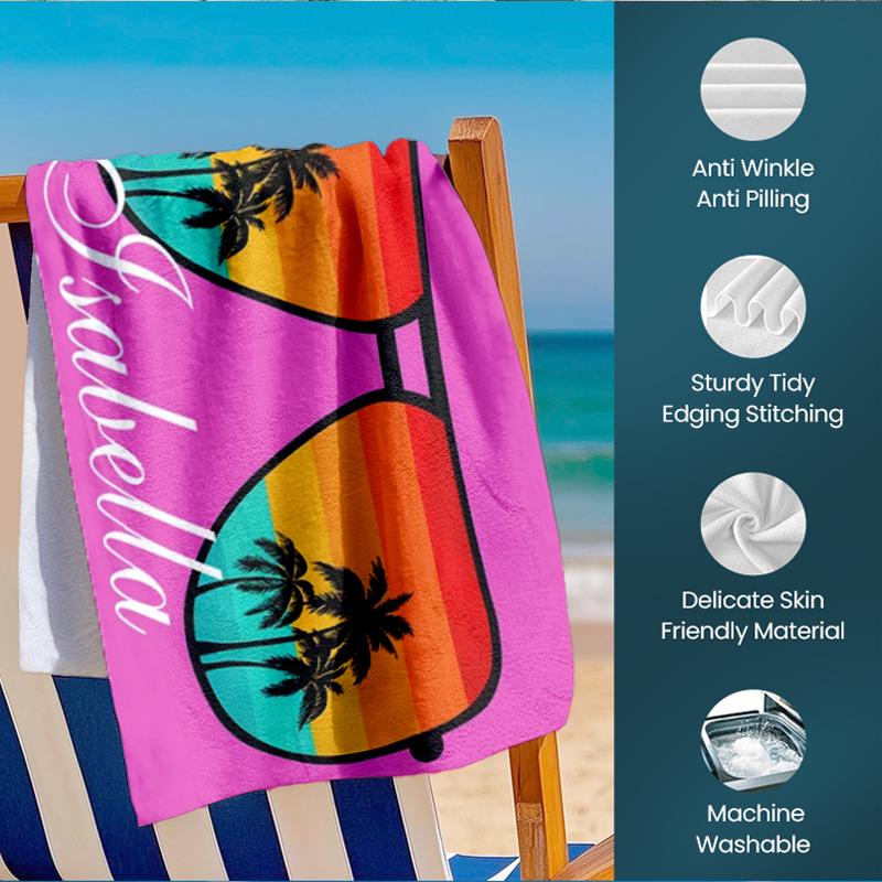 Personalized Retro Sunglasses Beach Towel, Custom Name Summer Palm Tree Pool Towel for Girls