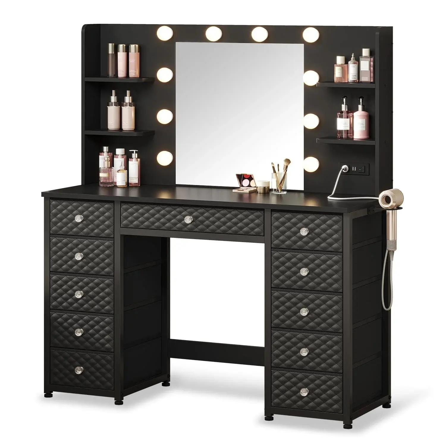 SIKAIC Black RGB LED Vanity Desk with Lights - 11 Drawers, 6 Shelves, Charging Station, Adjustable Lighting, Storage, Diamond Knobs - Bedroom Indoor Furniture for Get Ready with Me, Princess Room