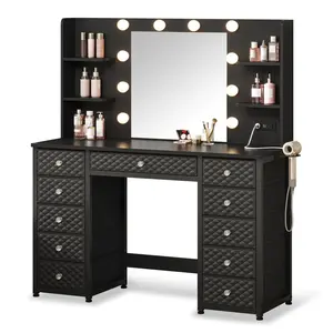 Sikaic Makeup Vanity with 11 Drawers 6 Open Shelves Black LED Lights Charging Station 63D x 13.8W x 22.8H