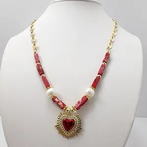 Gold Laminated Necklace with Stones 21 inch Chain and Pendant for Everyday Wear Jewelry