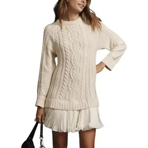 Women's Cable Knit Sweater Dress Crewneck Long Sleeve Pleated Mini Dress Twofer Style Patchwork Dress Acrylic Casual Basic Black Minimalist Summer Winter
