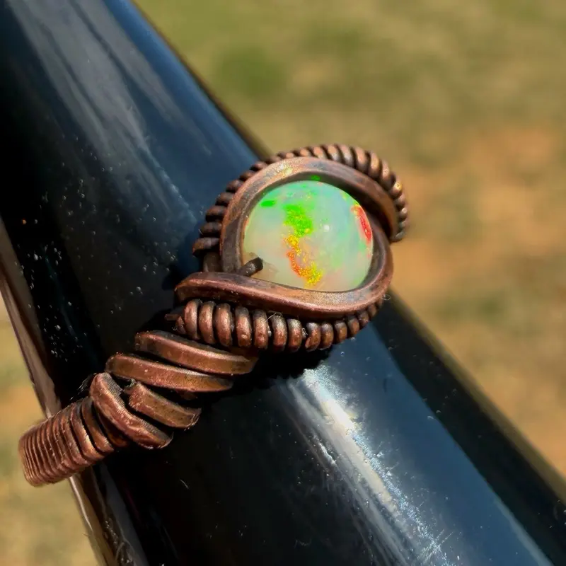 Wire Wrapped Opal Ring Ethiopian Opal Real Crystal Ring Wire Wrapping Opal Jewelry Copper Ring Handmade Jewelry Gift Fire Opal Iridescent Jewelry Artisan Crafted Ring