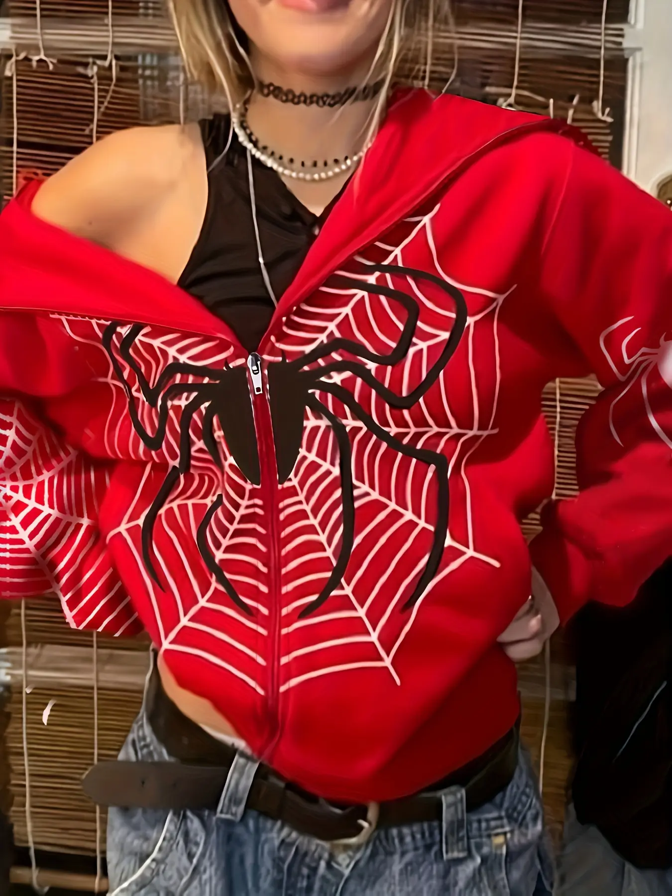 Women's Y2K style Loose Fit Baggy Oversized Knit hoodie, casual long sleeved zipper sweatshirt, spider print geometric pattern, spring and autumn fashion style, Piece