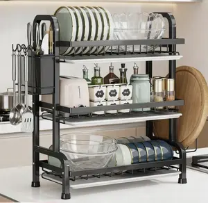 3-Tier Dish Drying Rack with Drainboard | Countertop Kitchen metal storage Organizer | Large Capacity stainless steel Dish Drainer for Plates, Cups, Cutting Board & Utensils | Black two tier