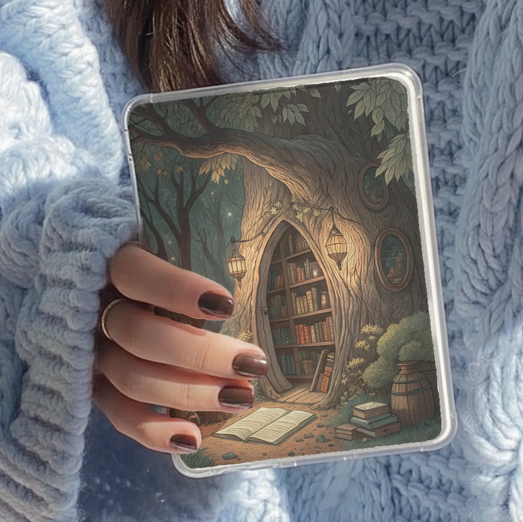 Tree Bookshelf Fantasy Kindle Insert for Clear Device Cases, Aesthetic Book Lovers Decor, Cozy Reading Accessory