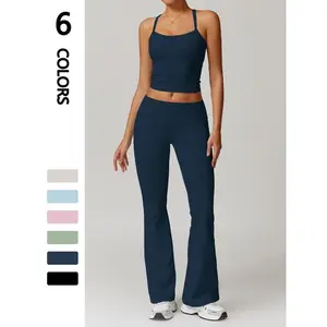 Women’s sporty two-piece set featuring a plain cropped cami top and flare-leg pants; a casual, comfortable, breathable outfit suitable for yoga, gym workouts, and running.