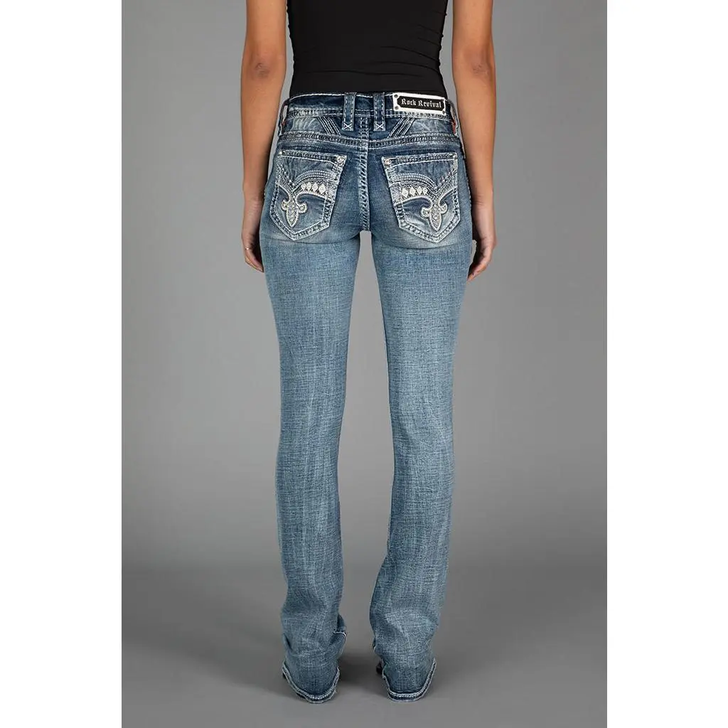 Rock Revival Women's Kali Mid Waist Boot Cut Jeans in Embroidered Stretch Denim, Western Wear with Pewter Hardware, Bootcut, Casual, Lady, Clothes