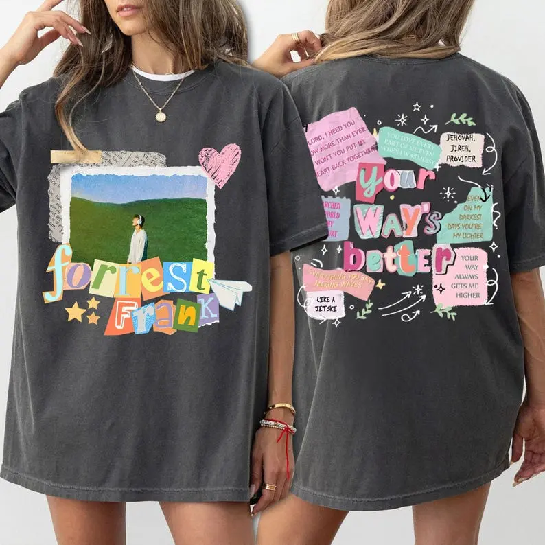 Womenswear Women's Christian Concert T-Shirt - Comfort Colors Forrest Frank Tour Merch, 2-Sided Retro Scrapbook Lyrics Graphic, Vintage Pepper Gray Faith Apparel