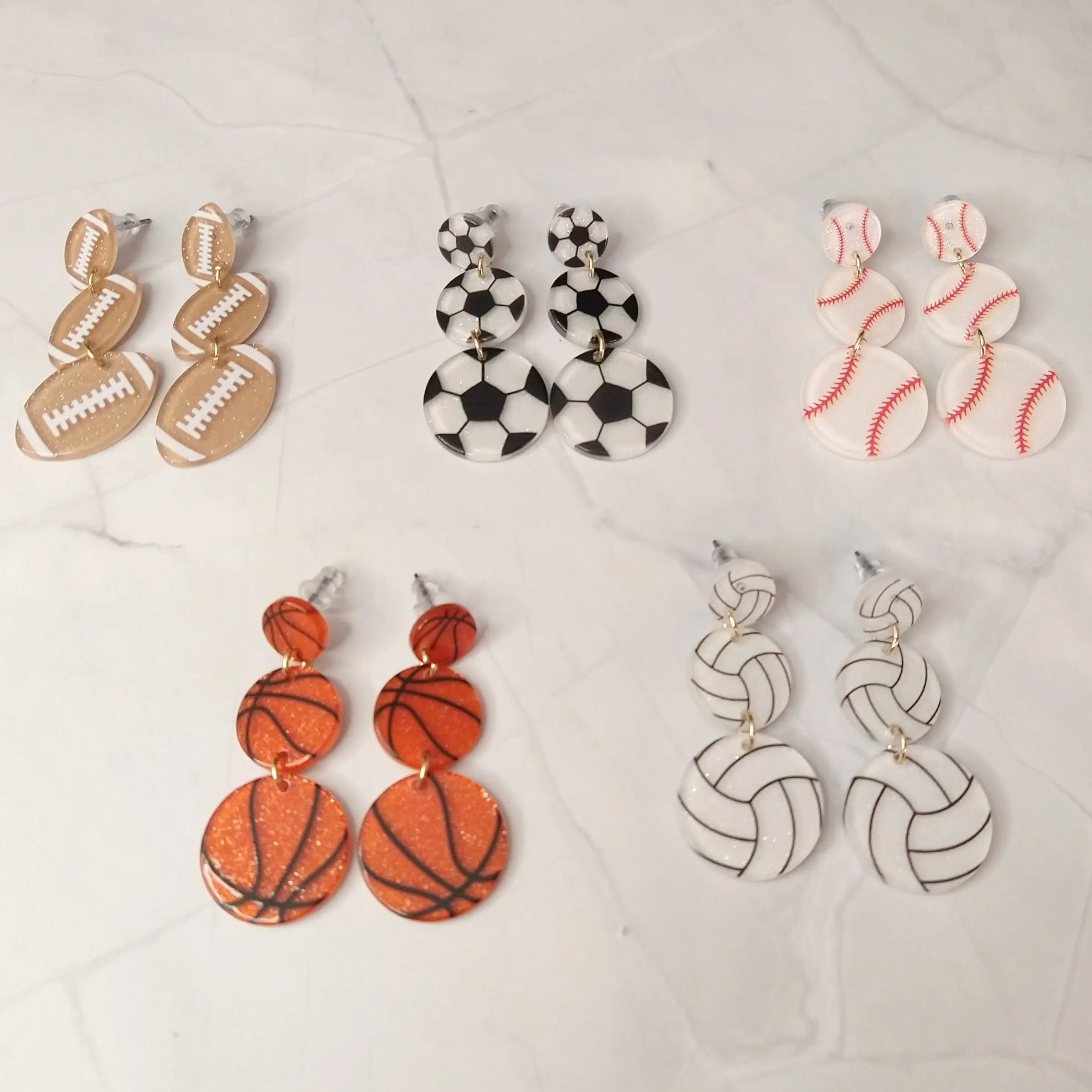 #400 Triple Dangle Glitter Sports Ball Stud Earrings, Casual, Sports, School, Teacher, Acrylic, Game Day, Football, Soccer, Basketball, Baseball, Volleyball