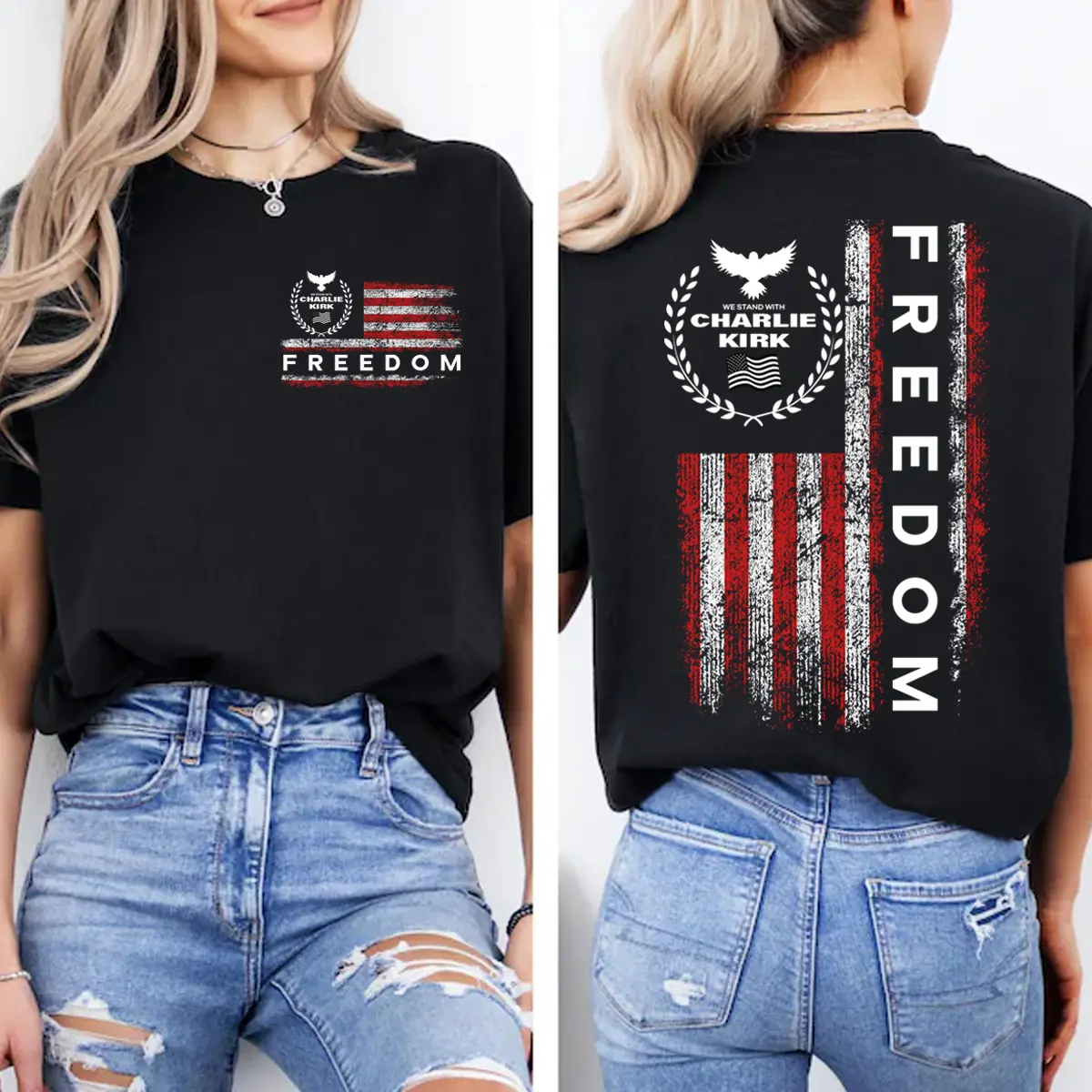 Men's Casual Cotton Blend Shortsleeve Round Neck 2-Sided Freedom Charlie Kirk USA Flag T-Shirt, Patriotic American Pride Clothes, Gift For Men, Crew Neck