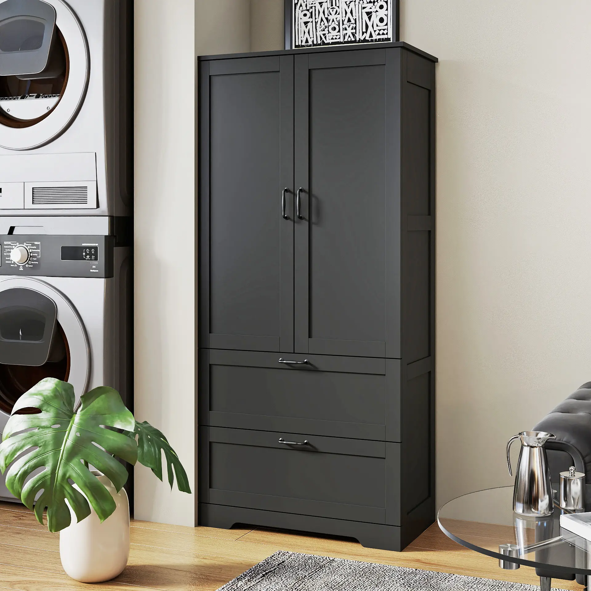 Armoire Wardrobe Closet or Kitchen Pantry Cabinet with 2 Drawers , 63" Clothing Storage Cabinet with Hanging Rod, 2 Doors Wooden Wardrobe Cabinet for Bedroom,3-Tier Storage Cabinet with Adjustable Shelf, for Kitchen, Living Room, Bathroom, Bedroom