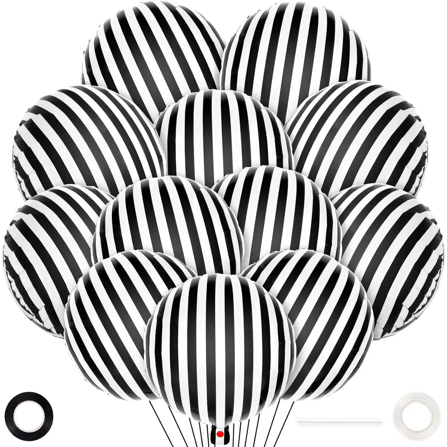 18-In Aluminum Foil Balloons with Pump - 12 Pcs Black White Striped, Black Checkered Reusable Easy-to-Carry Decor for Halloween, Birthday, Baby Shower (Home & Festive Party Supplies)