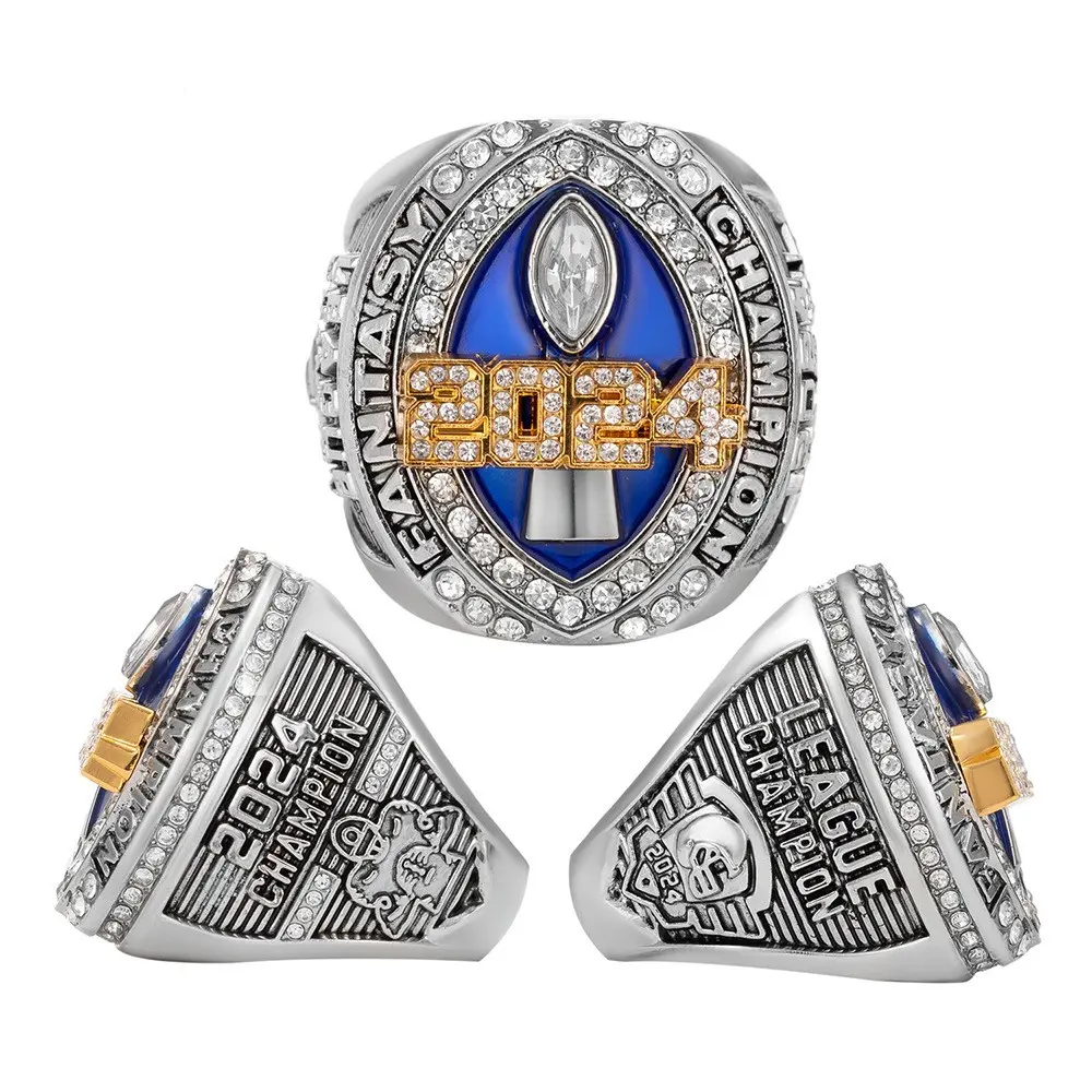 Men's 2024 Fantasy Football Championship Rings, Sports Style Graphic Alloy Ring in 2-Tone Gold Plate with Rhinestones, Size 11, Includes Wooden Display Box
