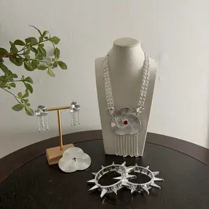 Bunchat Nepali Traditional Ornament Set with Silver Earrings and Necklace Featuring Intricate Design