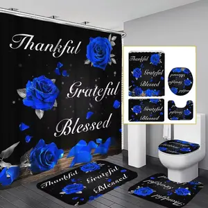 1/4pc Royal Blue Rose Shower Curtain Set, Home goods, Bathroom Decor, includes non-slip mat, U-shaped rug, and toilet seat cover, comes with 12 shower curtain hooks