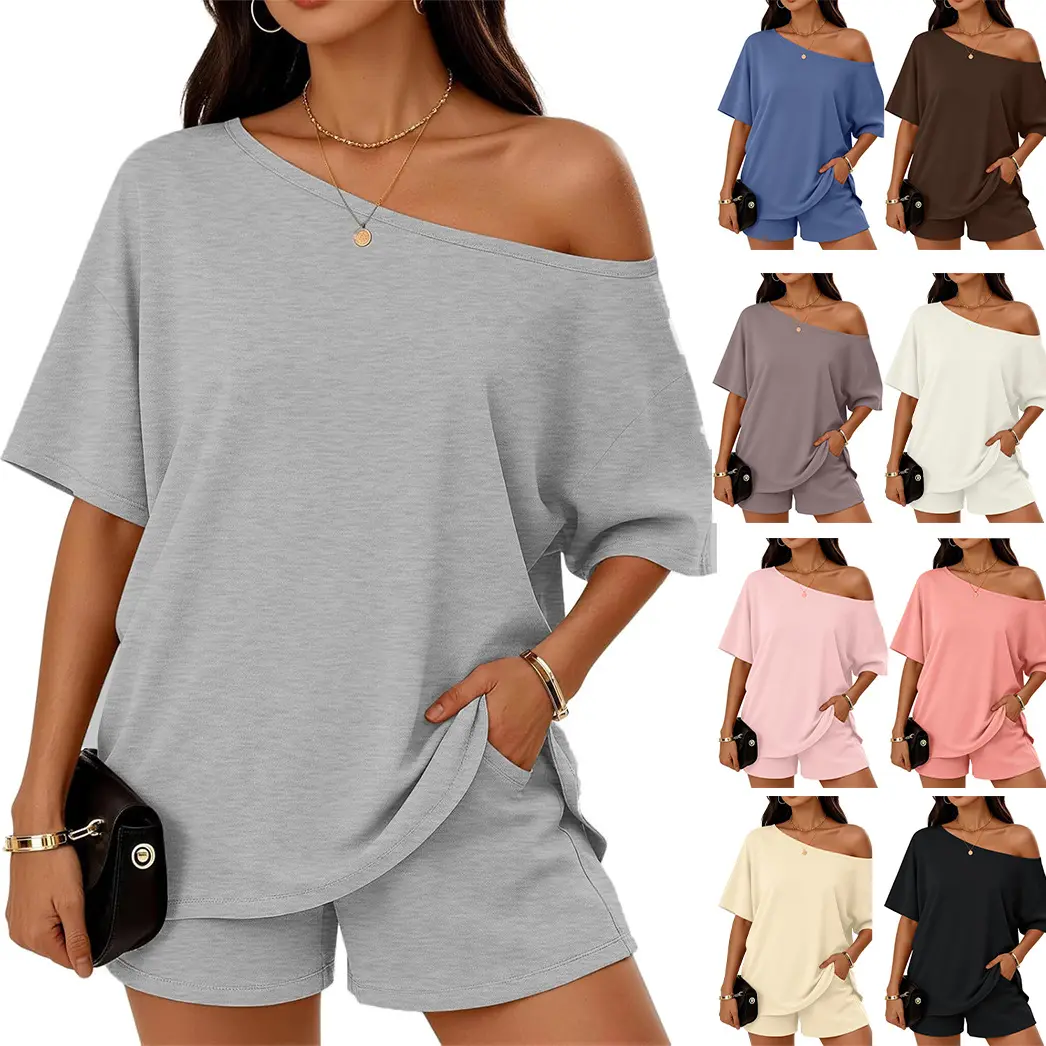 Women’s Casual Two Piece Set Off Shoulder Top & Fitted Shorts Springtok Loungewear Pajama Nightwear Womenswear Clothes Matching pajama pants pajamas sets for women pajama sets women pj sets for women pajamas