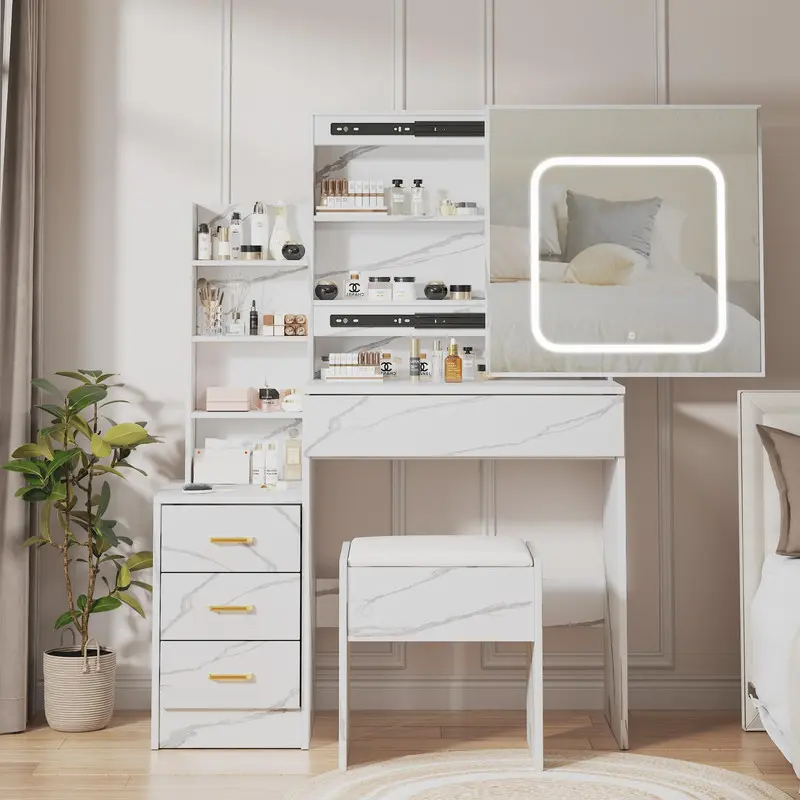 【Christmas Gift】LED Vanity Dresser Set with Sliding Mirror, 3-Color Adjustable Lights, Power Outlet, 4 Drawers, Stool, Open Shelving Space, Storage for Bedroom