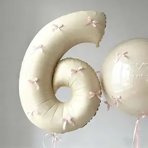 12pcs 32-Inch Opaque Number Balloons, Ribbon Bow Aluminum Foil Balloons, Birthday Decoration for Ages 0-9, Party Supplies Balloon Decorations