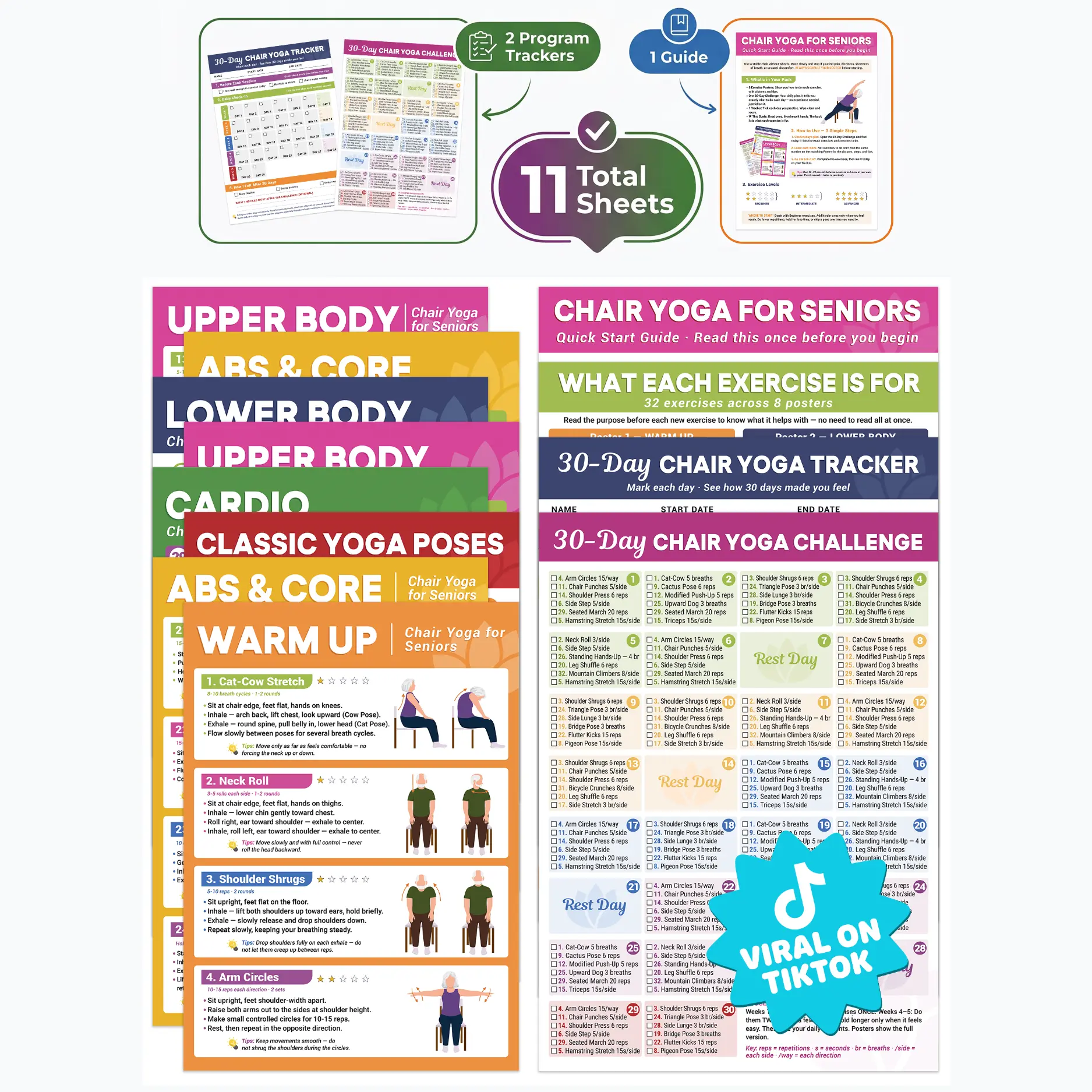 10 Pack Laminated Chair Yoga Posters for Seniors - 30-Day Workout Challenge & Tracker, 32 Poses to Boost Mobility, Flexibility & Balance, Fitness Gift for Seniors' Wellness