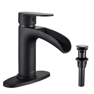 FORIOUS Waterfall Bathroom Faucet with Metal Pop Up Drain Brass Single Handle Bathroom Sink Faucet Matte Black Single Hole Toilet Sink Basin Faucet