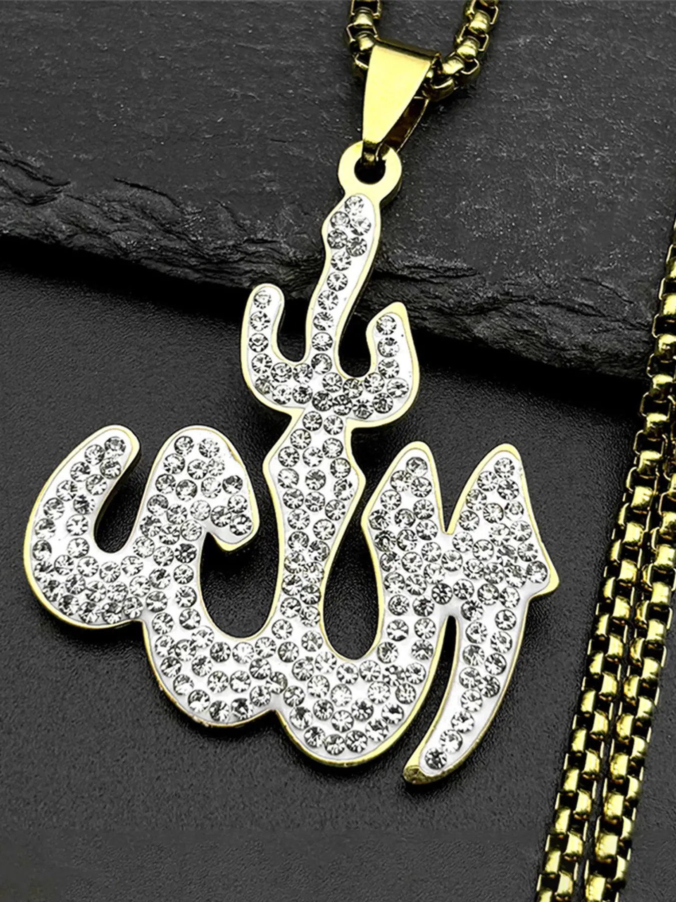 Arabic Allah God Pendant Necklace Faith Necklace for Men Women Stainless Steel Necklaces Gold Color Islamic Muslim Amulet Full Rhinestones Chain Islamic Jewelry Rhinestone Decorated Jewelry
