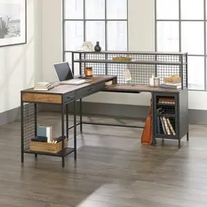Sauder Boulevard Cafe L-Shaped Desk Vintage Oak Finish with Storage Drawer Adjustable Shelf & Grommet Holes for Cord Management