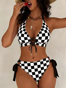 Premium Women’s Plaid Print Bikini Two-Piece, Fashion Sexy Front Tie Adjustable Drawstring Swimwear for Beach Vacation
