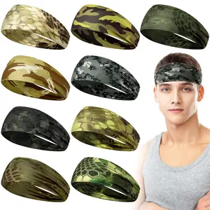9 Pcs Camo Sweatbands for Men! Wide Non-Slip Workout Headbands - Sweat-Absorbing for Basketball/Football/Cycling/Running/Yoga | Soft Elastic Polyester Hair Bands (4.7x9.8 Inch)