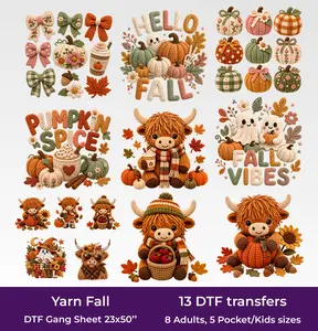 Faux Yarn Fall DTF Gang Sheet, 23x50 in. Cute Cows Heat transfers