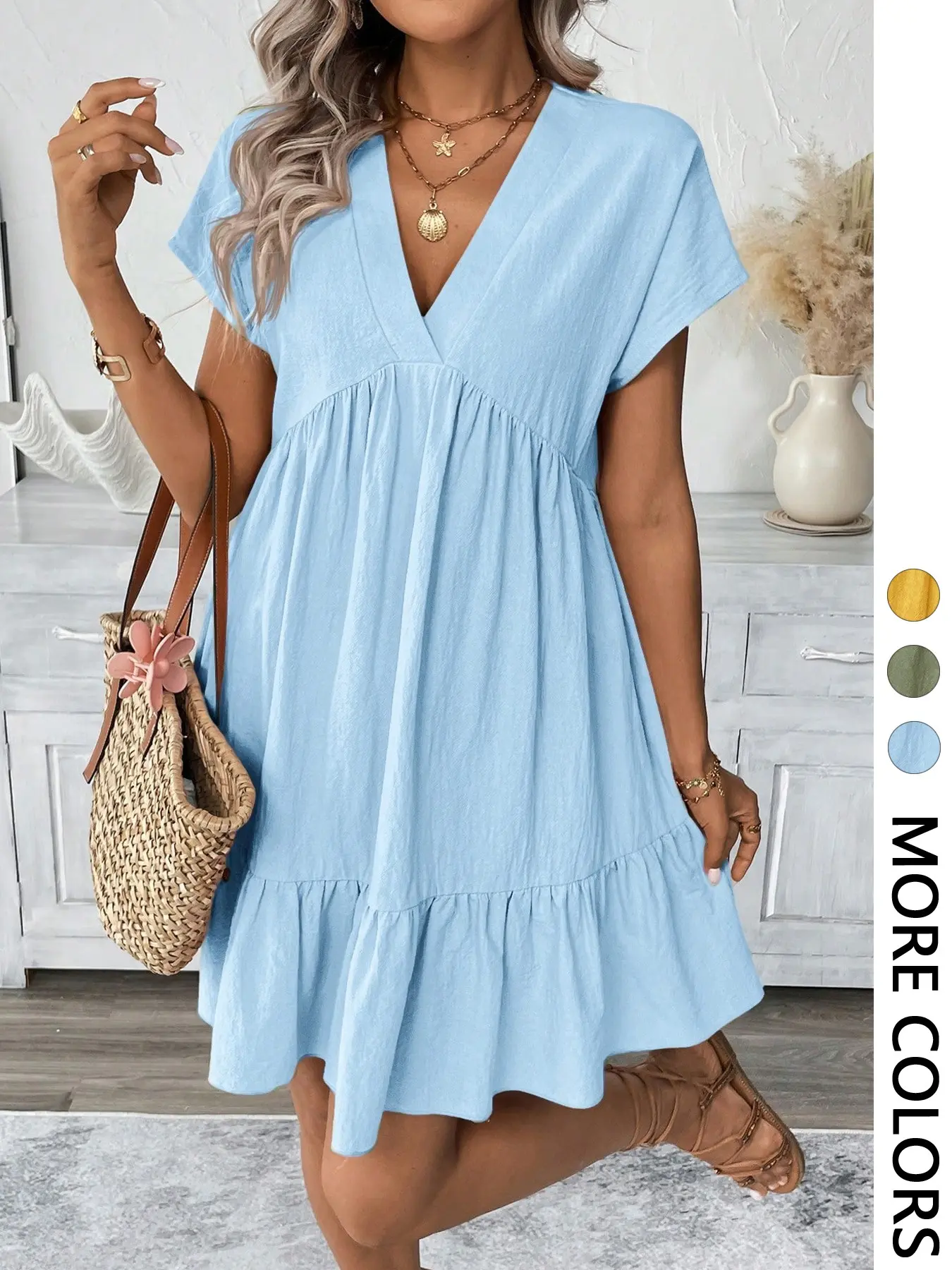 Women's V-Neck Short-Sleeve Ruffle-Hem Loose Mini Dress, Comfortable and Stylish Casual Summer, Perfect for Daily Wear