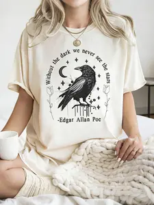 Cream Oversized "Edgar Allan Poe Raven" Graphic Tee - 2026 Trending Dark Academia Summer Wear, Soft Cotton Fabric Perfect for Bookstore Visits & Literary Nights, Bold Raven Print That Stands Out