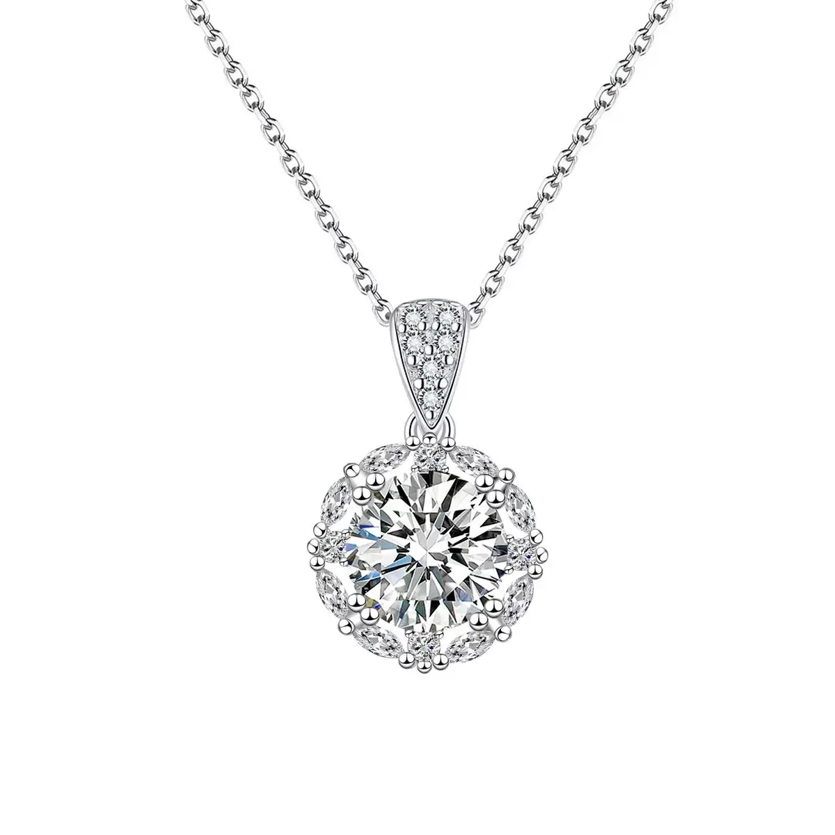 5CT Round Floral Design Moissanite Pendant Necklace 7Inch Chain Copper Plated White Gold