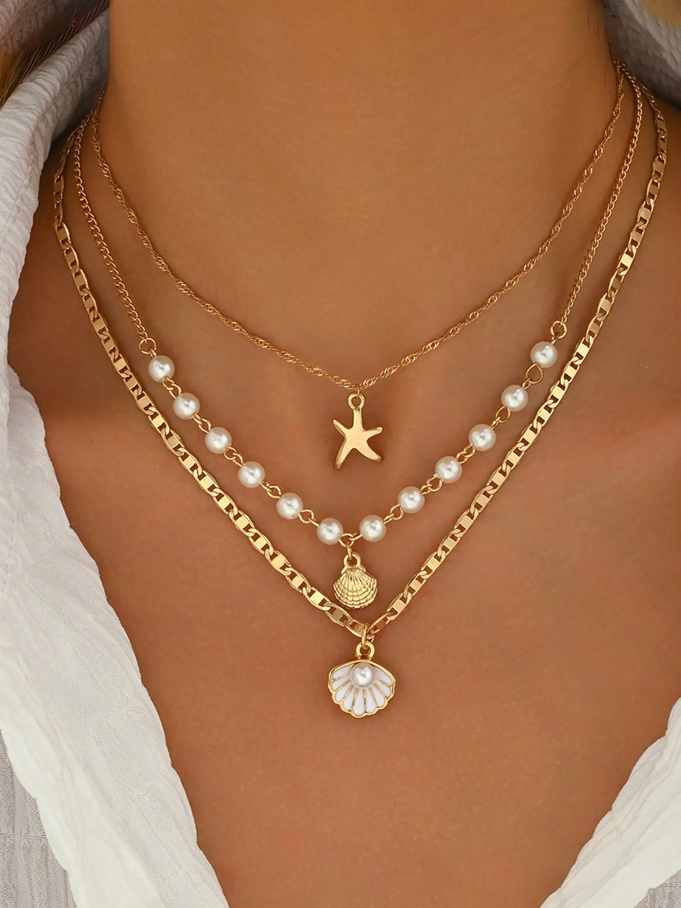 Women's Pearl Necklace Set, Simple Starfish & Shell Pendant Design, Ocean Pearl Necklace, Perfect Gift for Women & Girls, Elegant Jewelry Necklets, Dainty Pearl Necklace