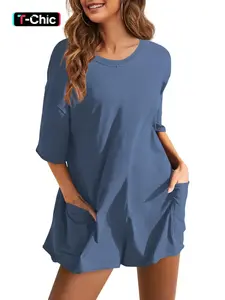Women's Plain Pocket Drop Shoulder Loose Half Sleeve Romper, Casual Fashion Round Neck Half Sleeve Romper for Summer, Women's One-piece Clothing for Daily Wear, Beach