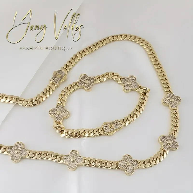 6mm Floral Link Chain & Bracelet Set | Gold Tone Matching Set